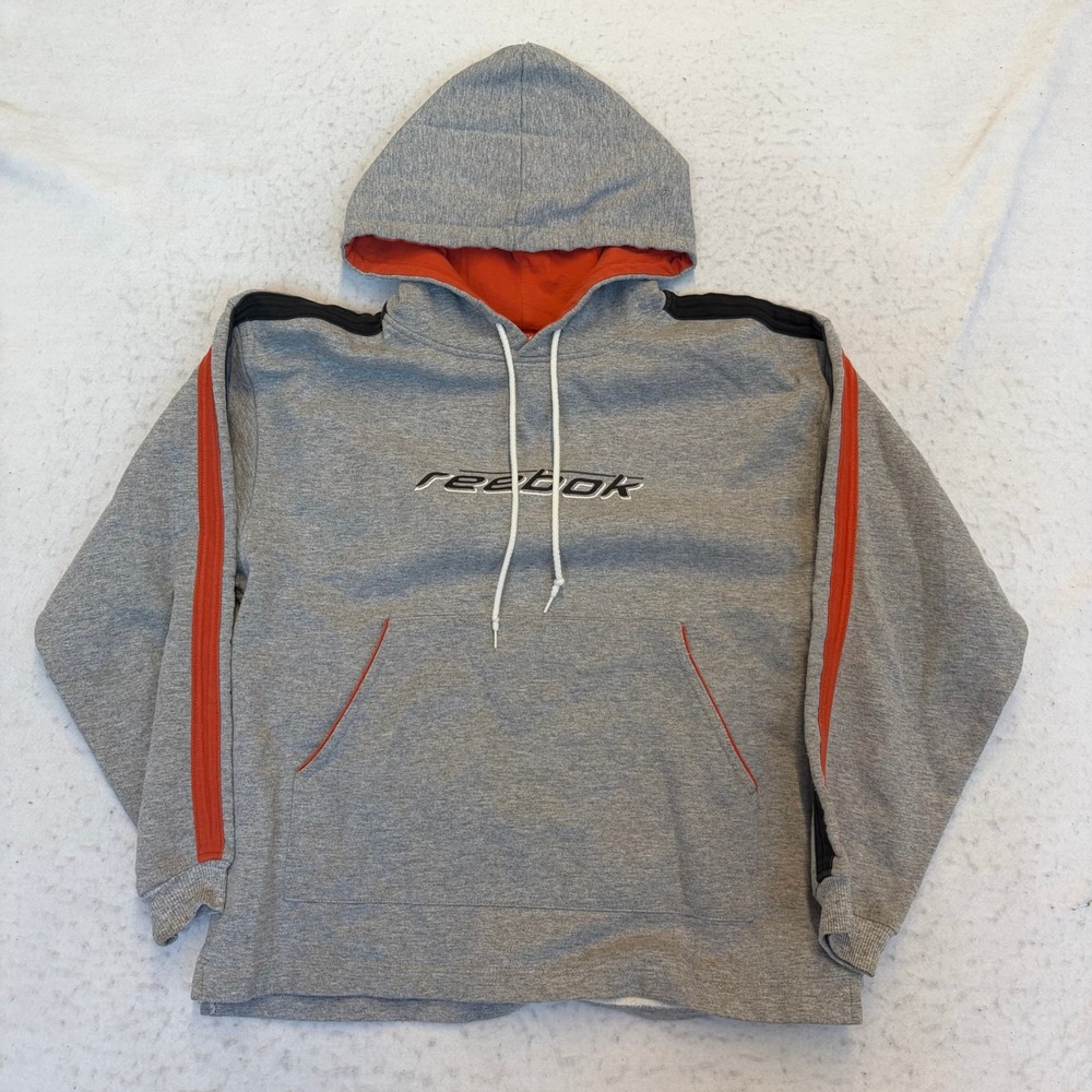 Reebok Hoodie Mens XL Gray Orange Stripe Embroidered Logo